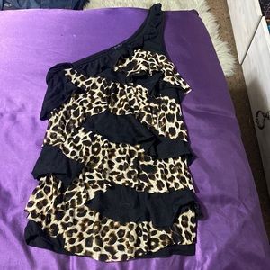 Leopard and black. One shoulder tank top. Frilly/flowy.